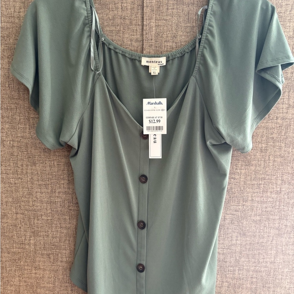 Monteau Sage Green Button-Down Blouse
